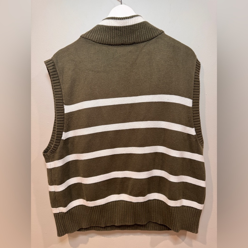 Talbots Olive Striped Sweater Vest XL Zip Mock Neck Knit Preppy Layering Top - Picture 4 of 5